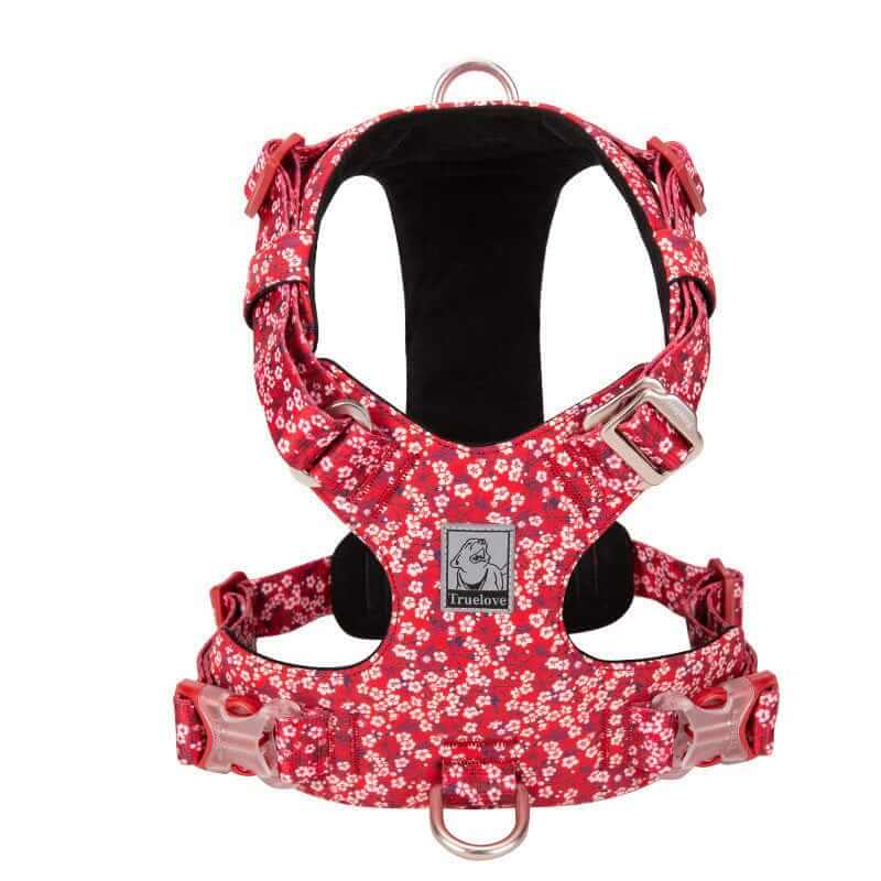 Stylish No-Pull Pet Harness in red floral design for Dogs & Cats, features secure fit and durable materials.