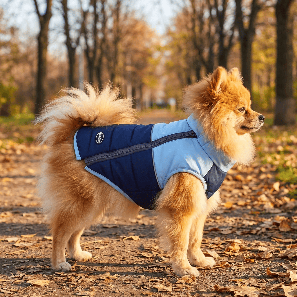 Stylish Zipper Dog Vest on a fluffy Pomeranian in a blue and navy winter coat, perfect for small dogs.