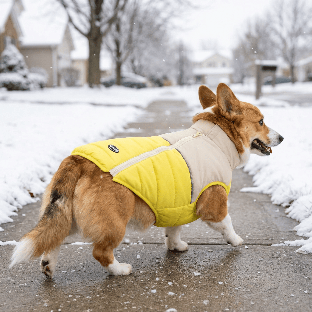 Stylish Zipper Dog Vest on a corgi walking in the snow, featuring unique stitching and warm design.