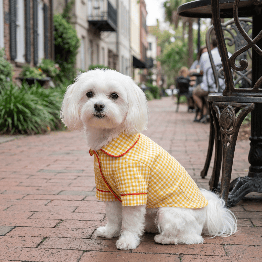 Summer Plaid Dog Pajamas on a small dog in a charming outdoor setting, showcasing breathable fabric and cute design.