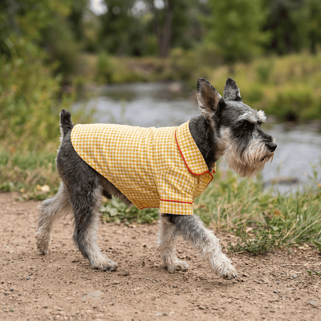 Summer Plaid Dog Pajamas on a Schnauzer walking by a stream, showcasing the cute design and breathable features.