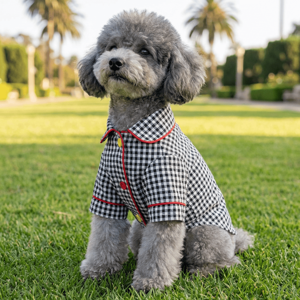 Summer Plaid Dog Pajamas on a fluffy dog in a park setting, perfect for chilly weather and reducing shedding.