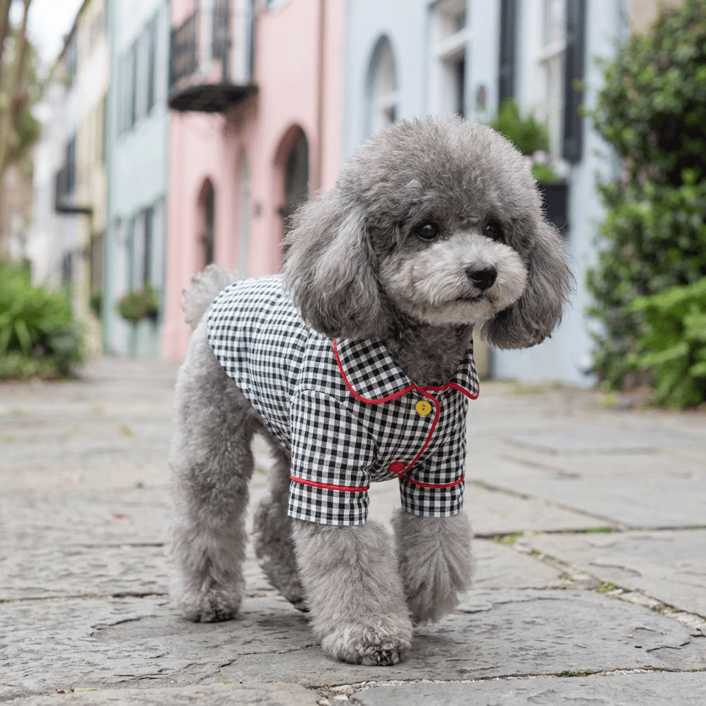 Cute dog wearing Summer Plaid Dog Pajamas in a picturesque street, showcasing comfortable and stylish pet apparel.