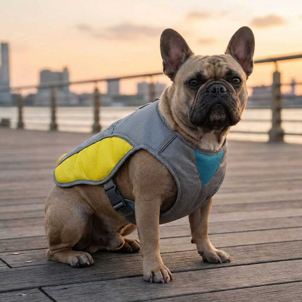 Summer Waterproof Dog Life Vest on a French Bulldog, featuring buoyant material for safety by the water.