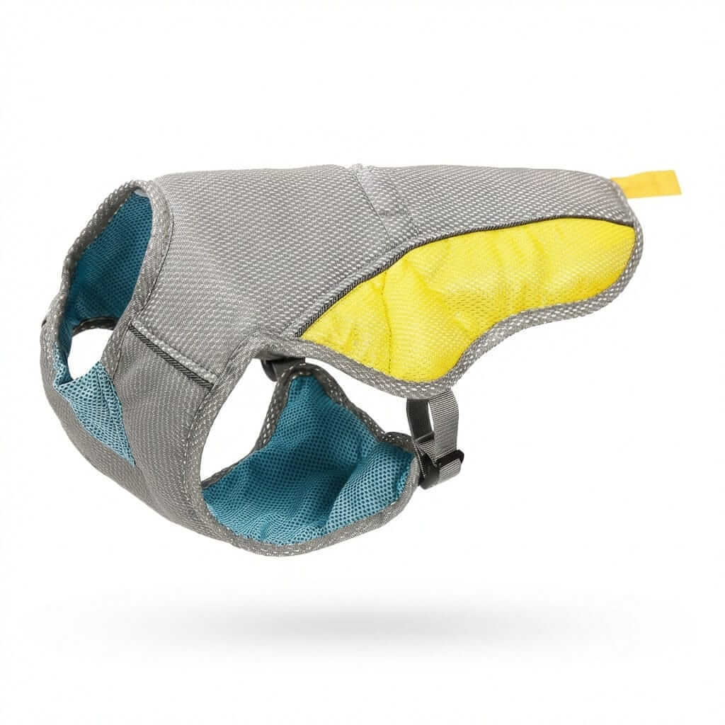 Summer Waterproof Dog Life Vest, gray and yellow life vest for dogs, designed for safety and buoyancy in water.