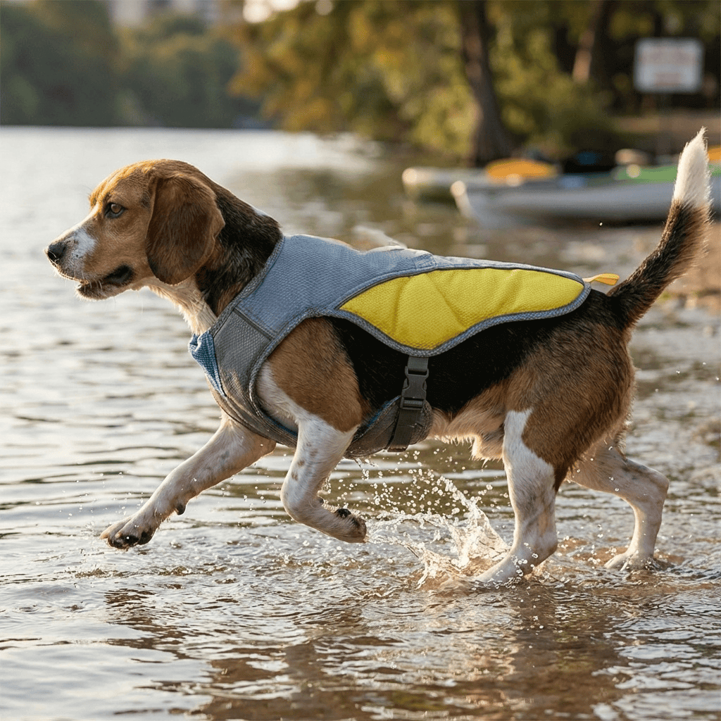 Dog wearing Summer Waterproof Dog Life Vest splashing in water, designed for safety and buoyancy, by Dogs & Cats.
