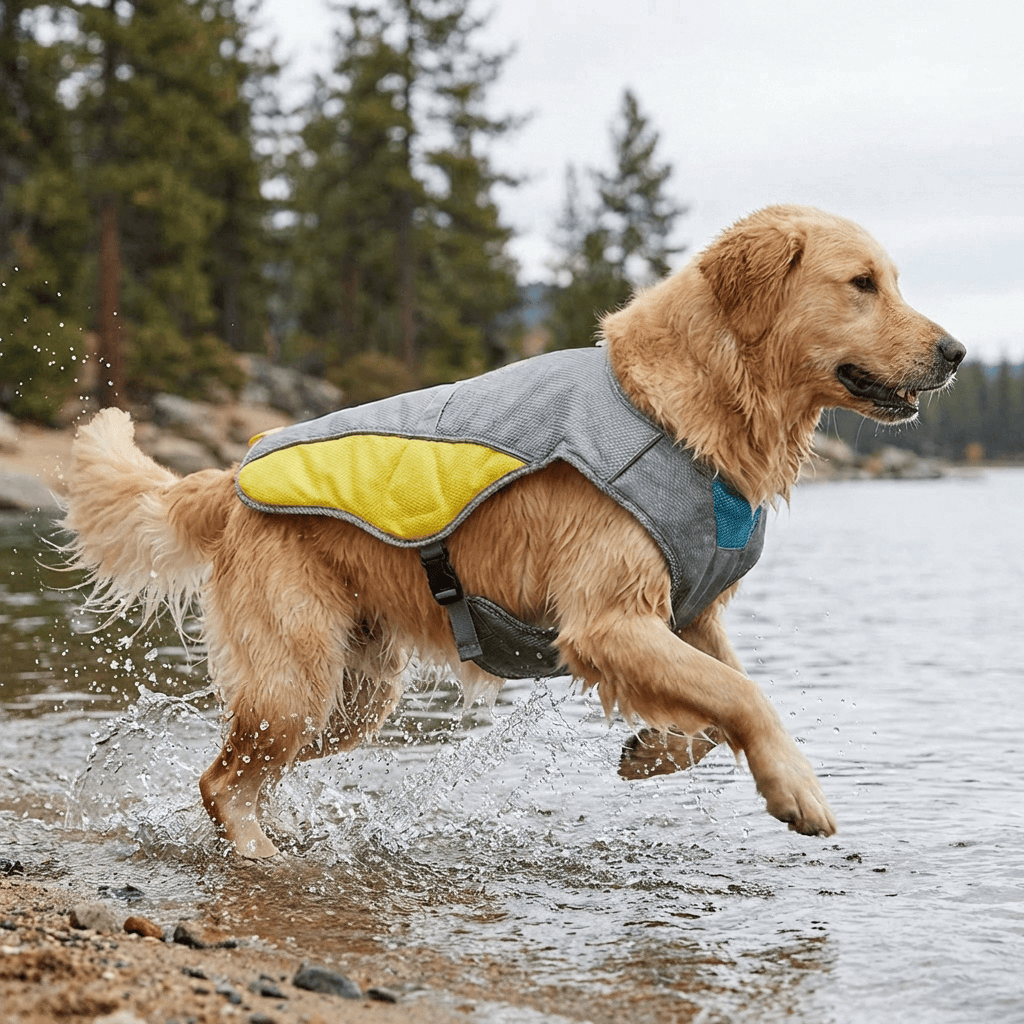 Golden retriever wearing Summer Waterproof Dog Life Vest while playing in water, showcasing buoyant material for safety.