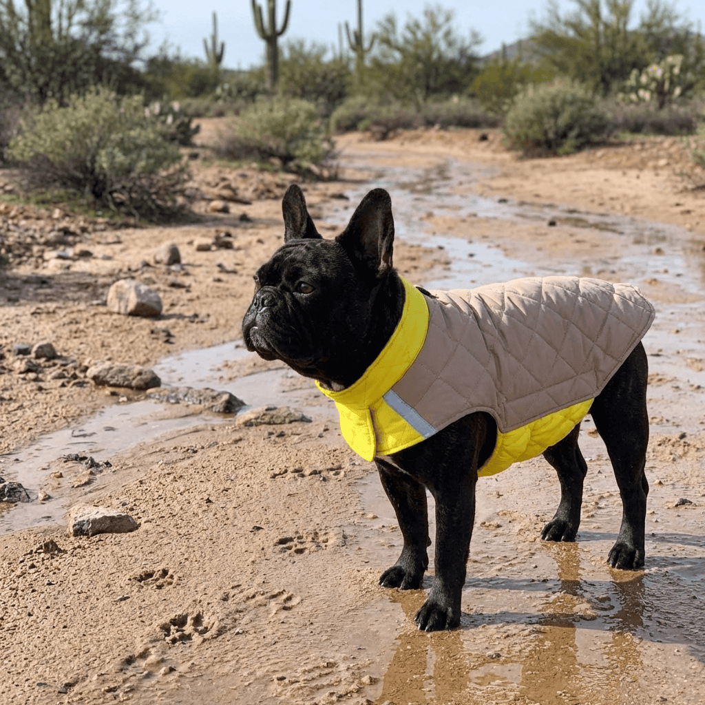 Summit Reversible Dog Jacket on a French Bulldog, showcasing dual-sided warmth and visibility for cold weather.