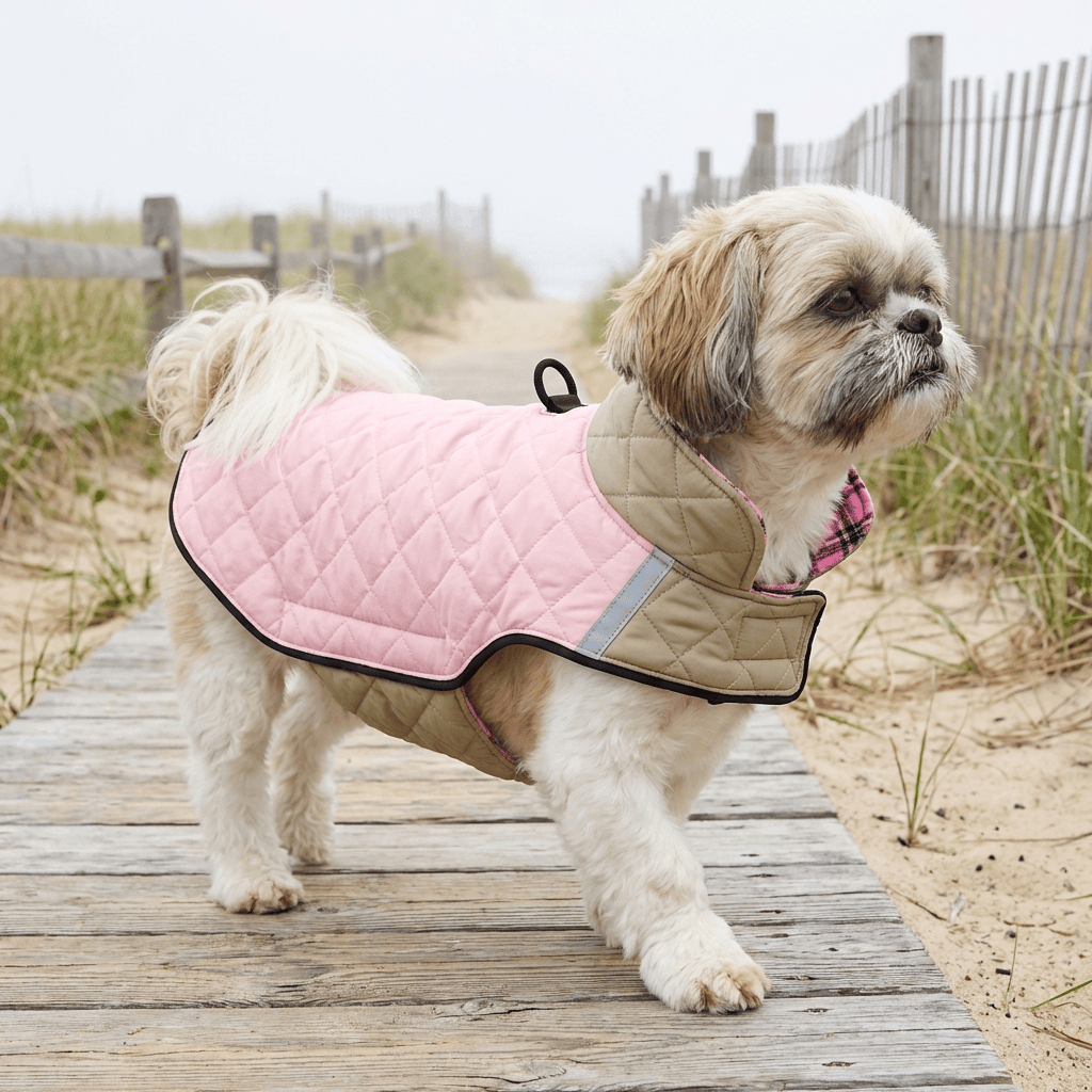 Summit Reversible Dog Jacket on a small dog, featuring dual-sided warmth and visibility for outdoor adventures.