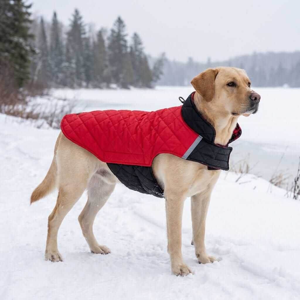Summit Reversible Dog Jacket on a dog in snow, featuring insulated fabric for warmth and visibility.