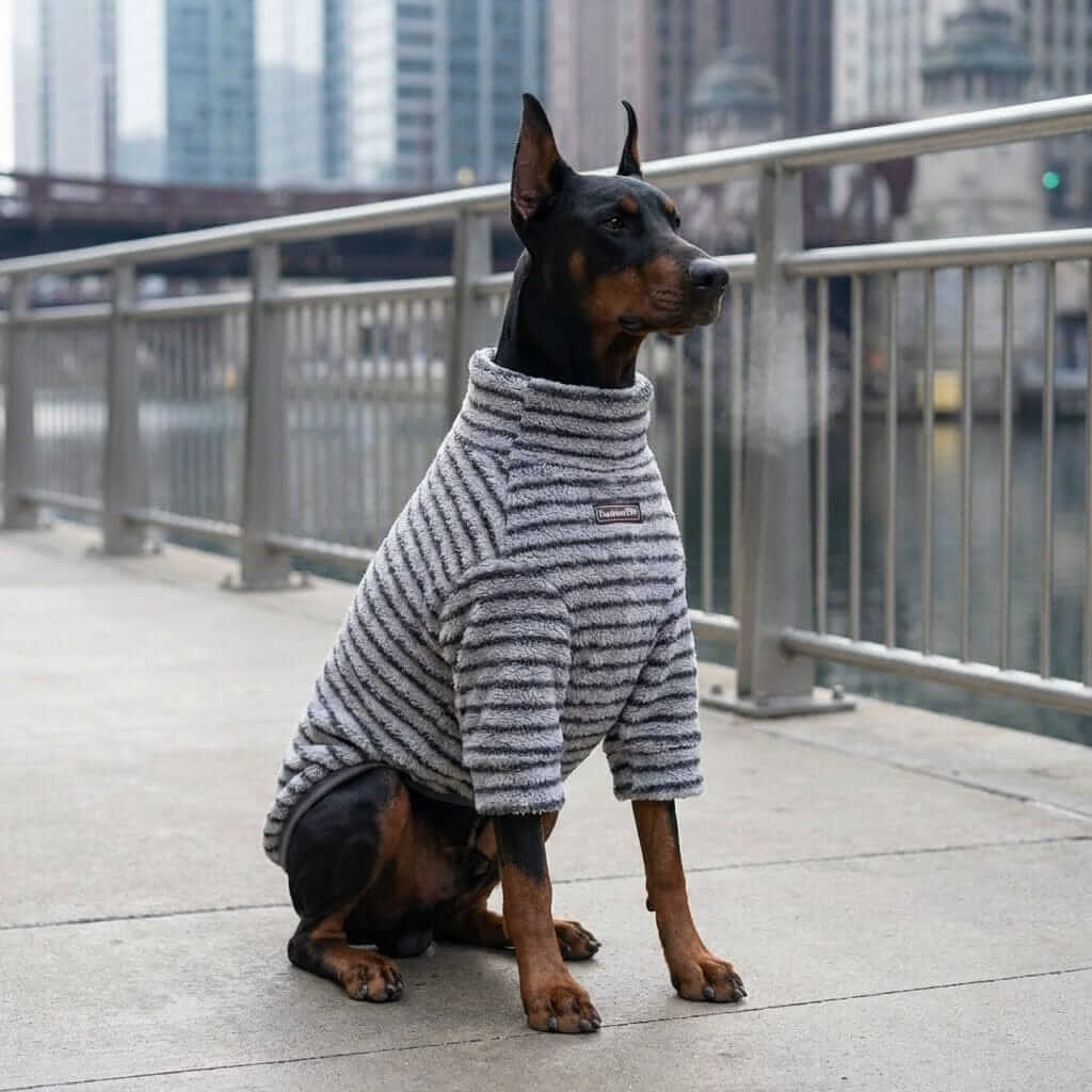 Summit Stripe Dog Turtleneck sweater on a Doberman, featuring insulated warmth and stylish comfort for dogs.