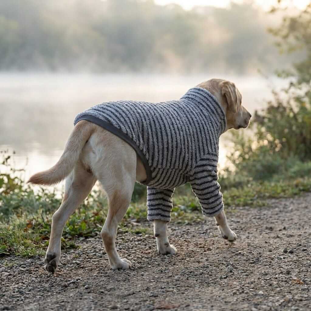 Summit Stripe Dog Turtleneck on a Labrador walking by the water, featuring insulated warmth and comfort.