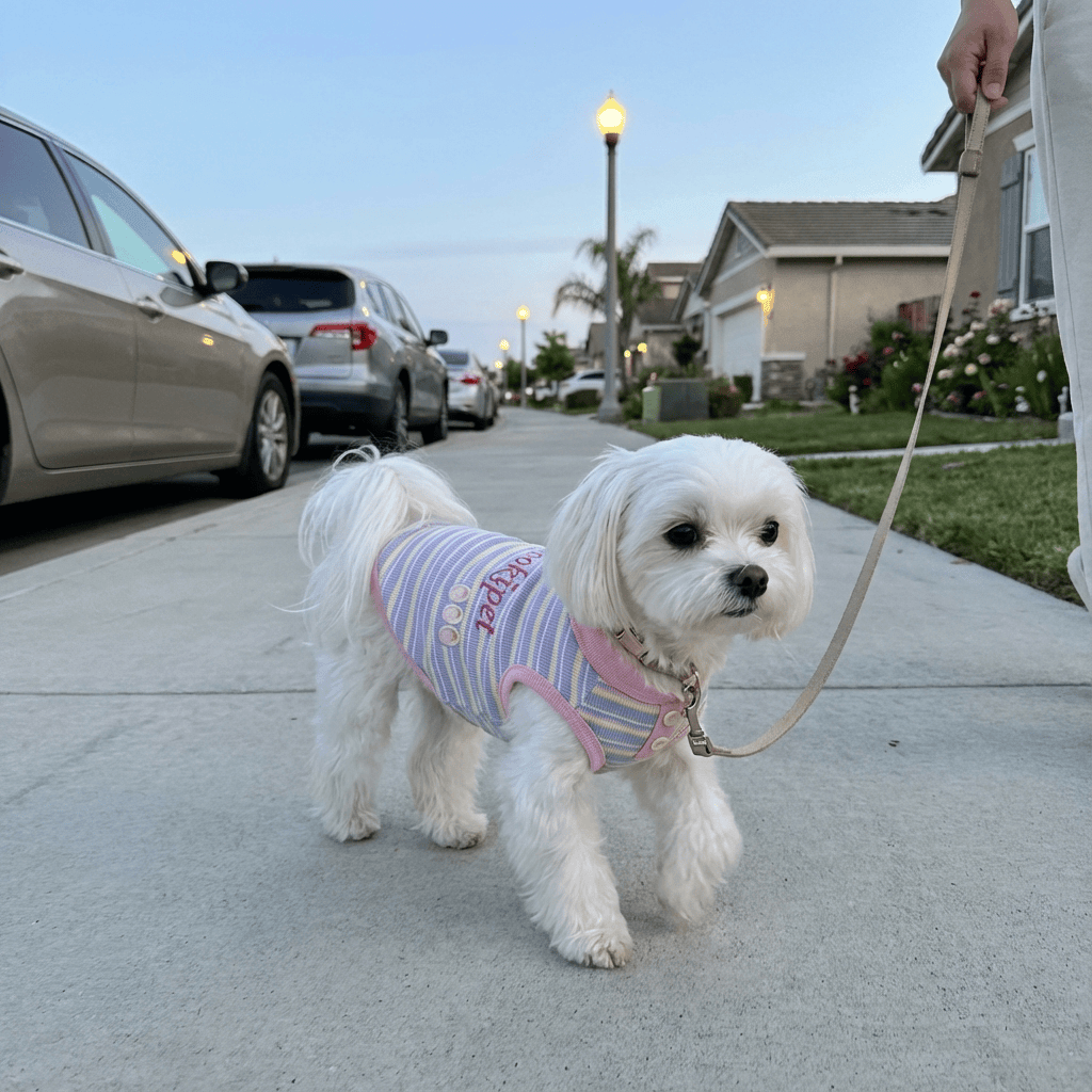 Small dog in a stylish SunStripe Dog Polo walking outdoors, showcasing comfort and fashion for pets.