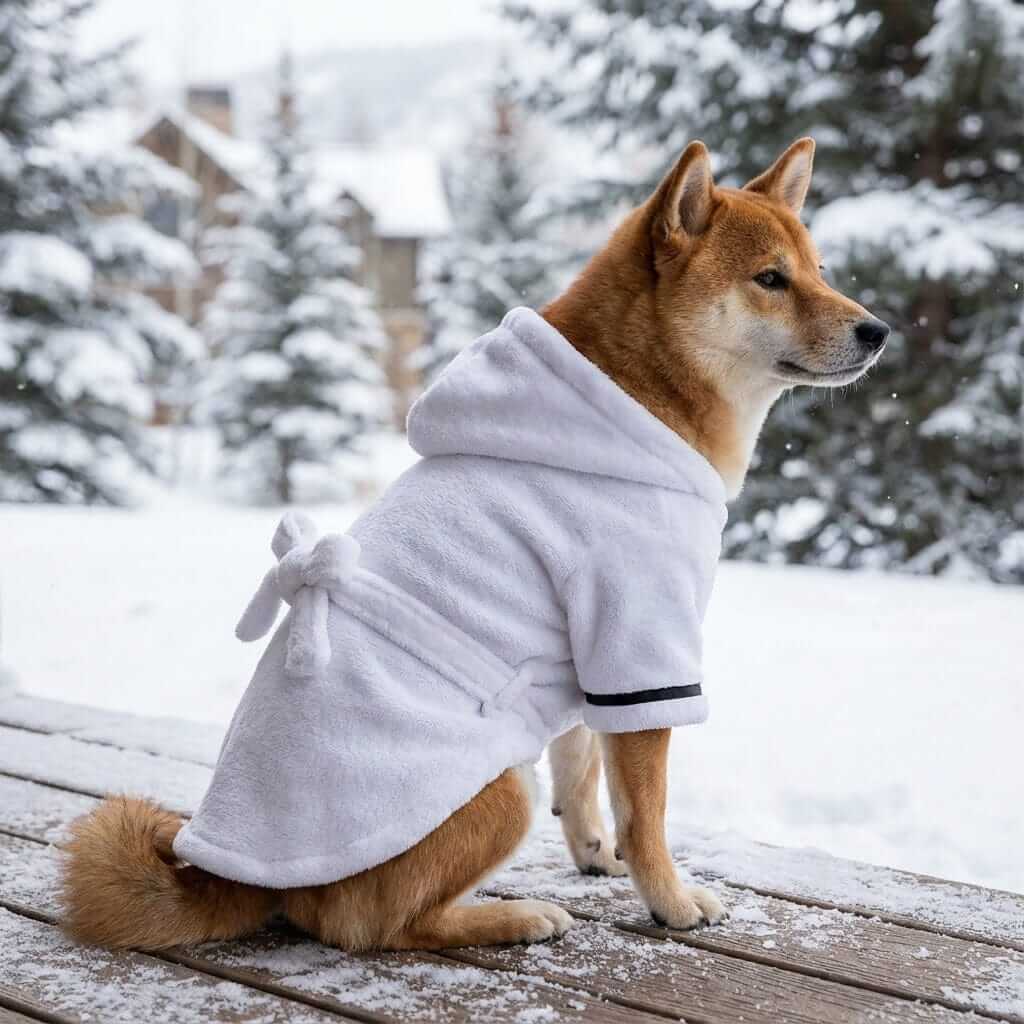 Super Absorbent Cotton Dog Robe on a Shiba Inu, features a breathable tie back belt, perfect for Dogs & Cats.