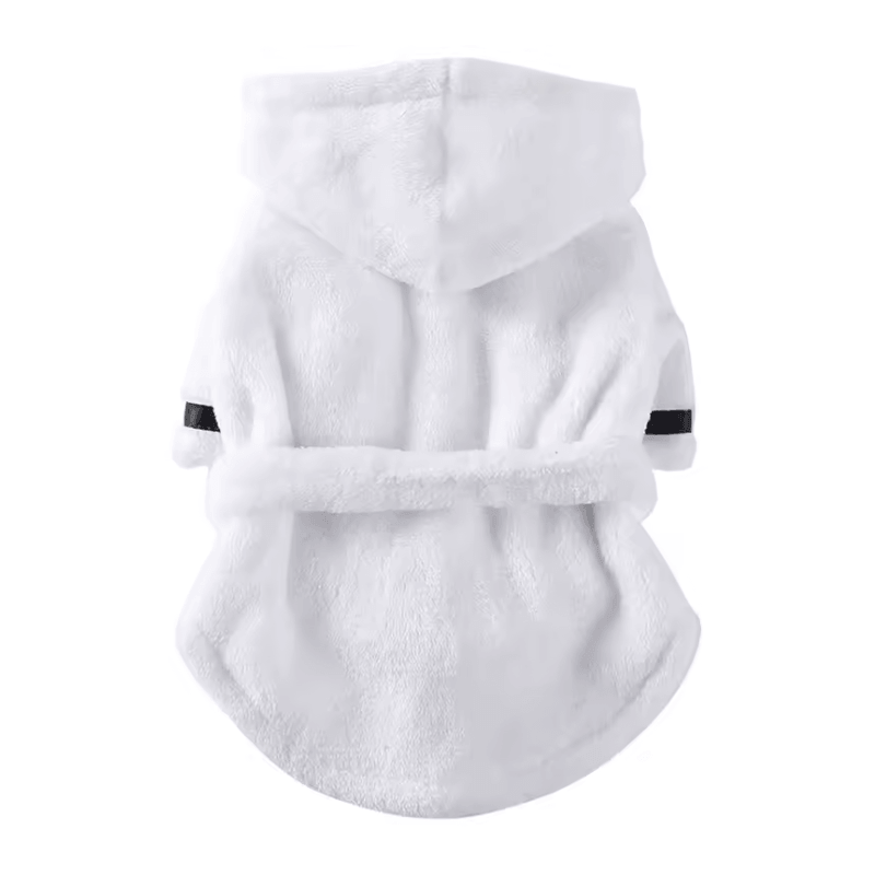 Super Absorbent Cotton Dog Robe featuring a soft hood, tie back belt, and ideal for drying dogs after baths.