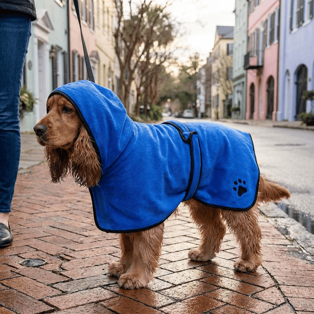 Super Absorbent Pet Bathrobe Towel for dogs, soft and warm poncho style, perfect for drying after bath or swim.