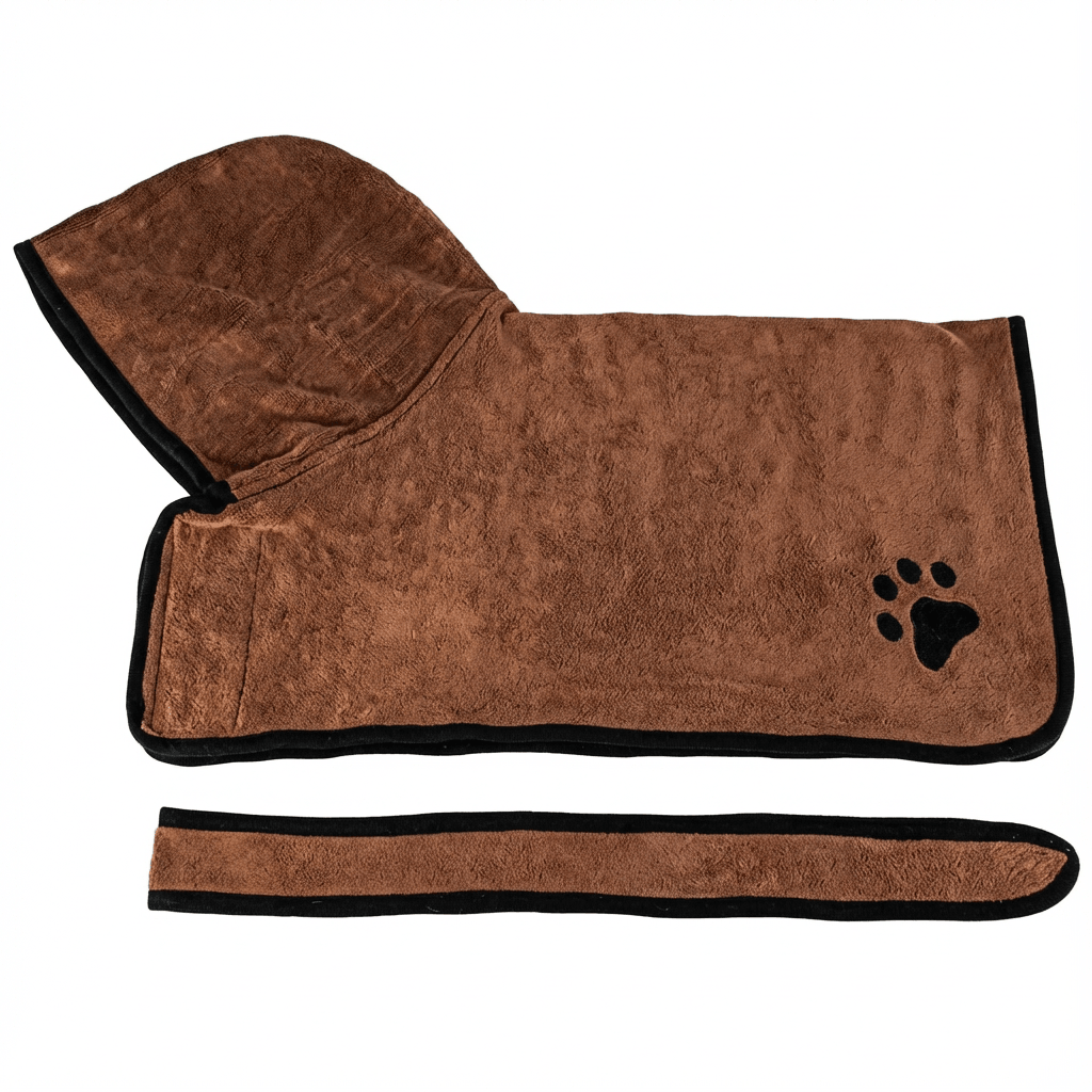 Super Absorbent Pet Bathrobe Towel in brown, soft and absorbent for dogs and cats, perfect after bath time.