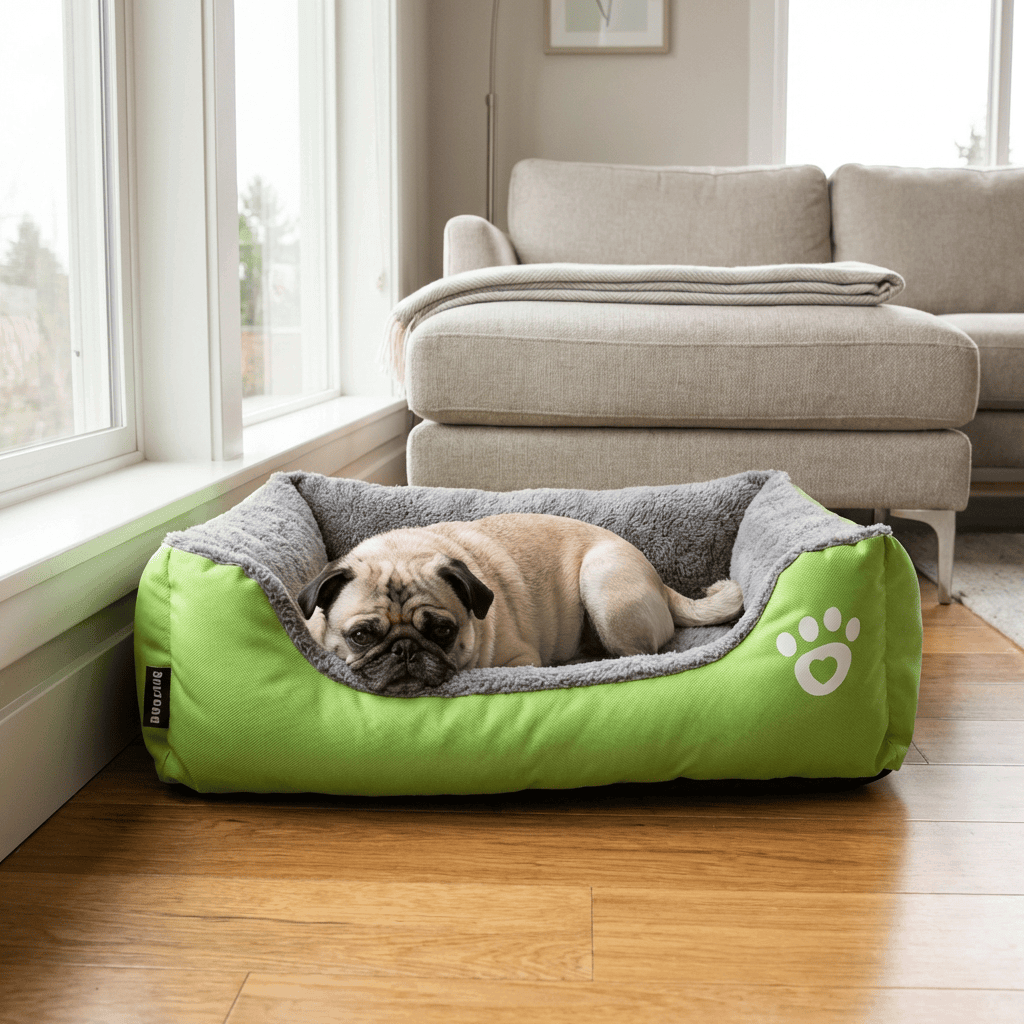 Super Soft Warm Pet Bed featuring a pug resting comfortably in a green bed, ensuring warmth and security for dogs and cats.