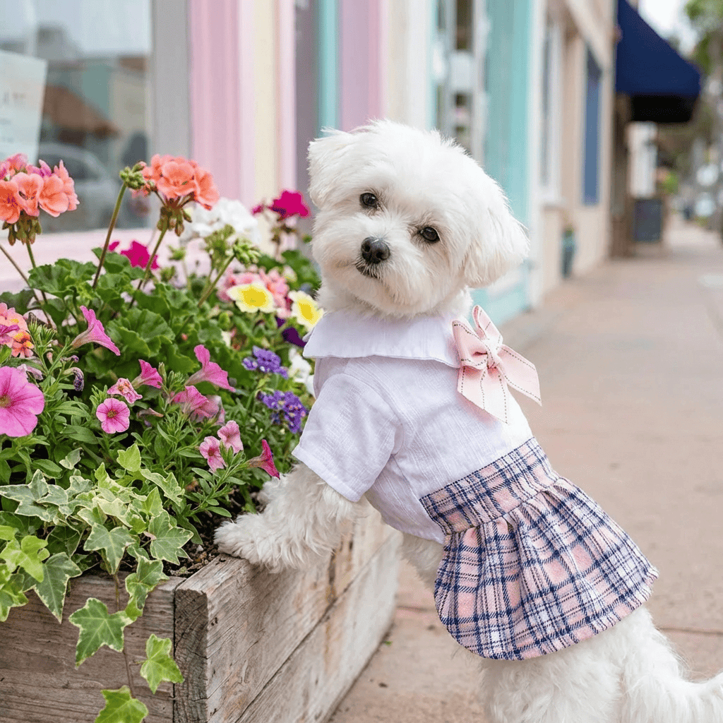 Sweet Princess Skirt Dress on a white dog surrounded by colorful flowers, featuring a breathable cotton design for summer.