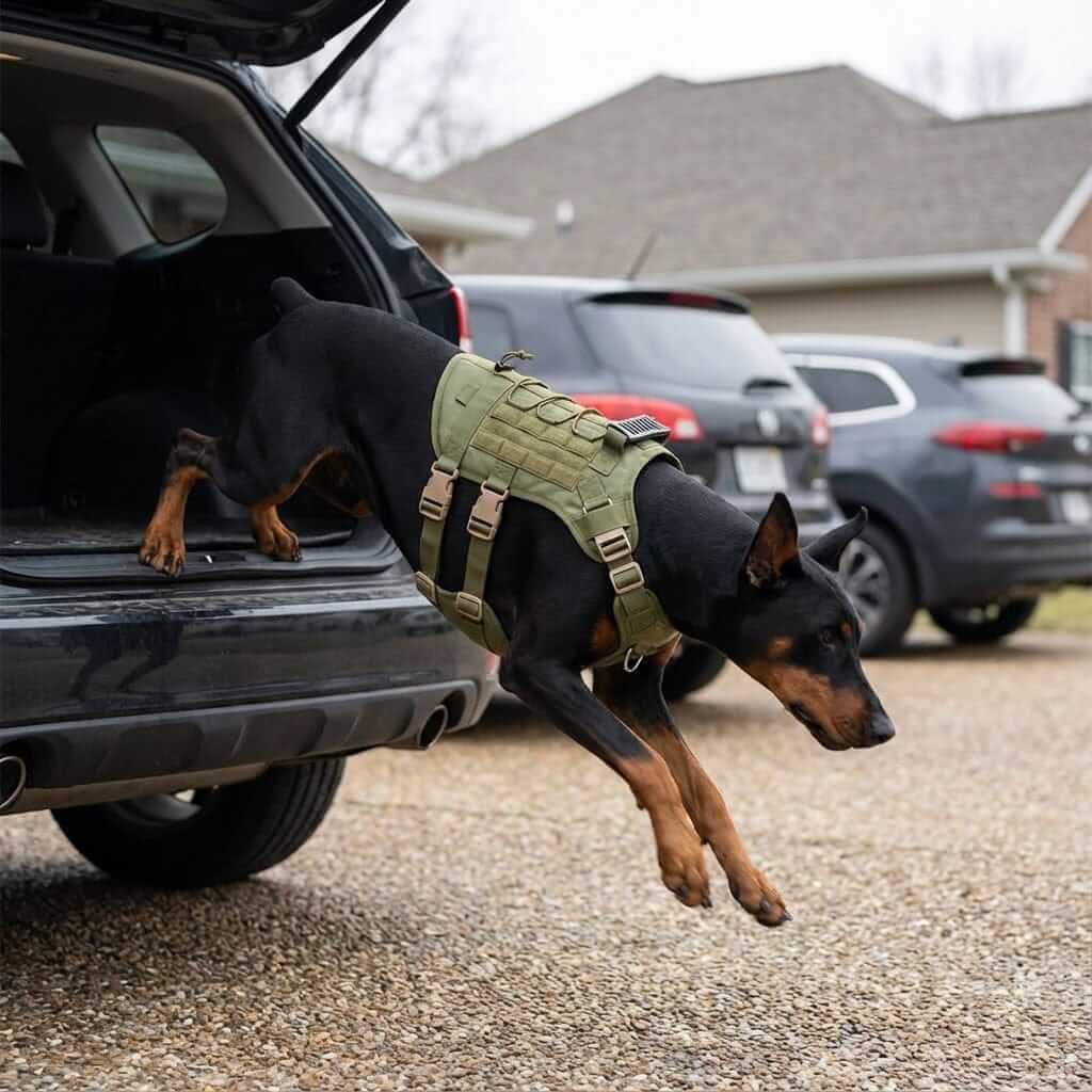 TactiPaw Dog Harness worn by a Doberman jumping from a car, showcasing its durability and ergonomic design for medium to large dogs.