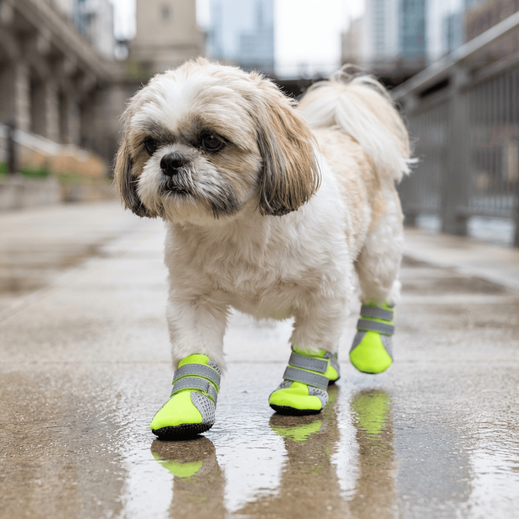 Small dog wearing Teddy Dog Shoes with adjustable straps, walking on a wet sidewalk.