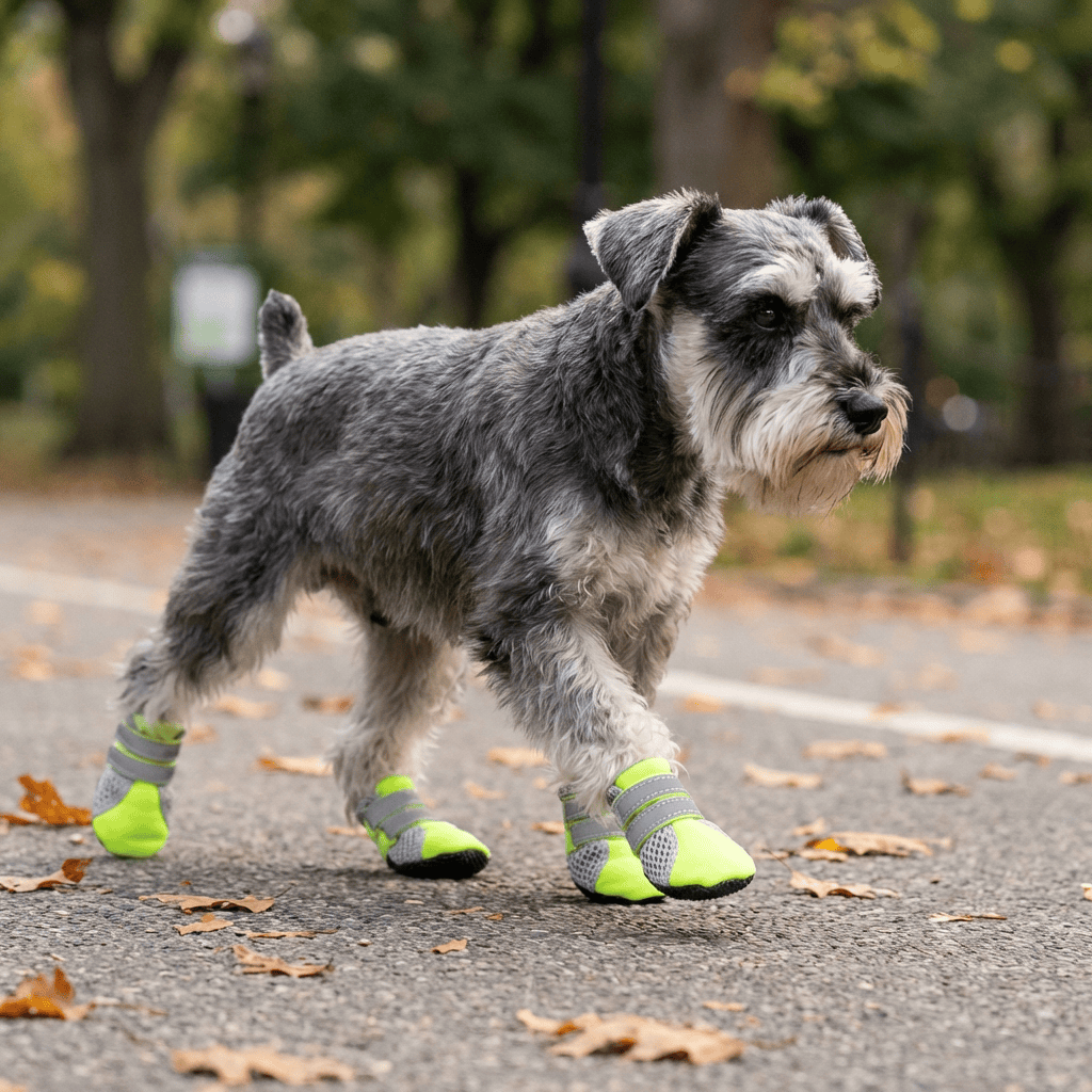 Teddy Dog Shoes on a cute puppy, featuring adjustable straps for a secure fit, perfect for outdoor walks.
