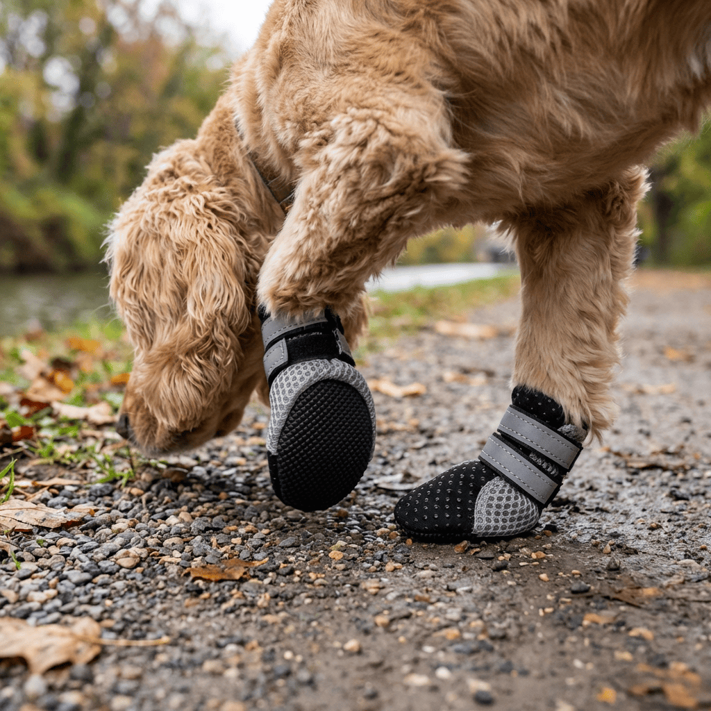 Teddy Dog Shoes on a cute puppy, featuring flexible design and adjustable straps for comfort and protection.