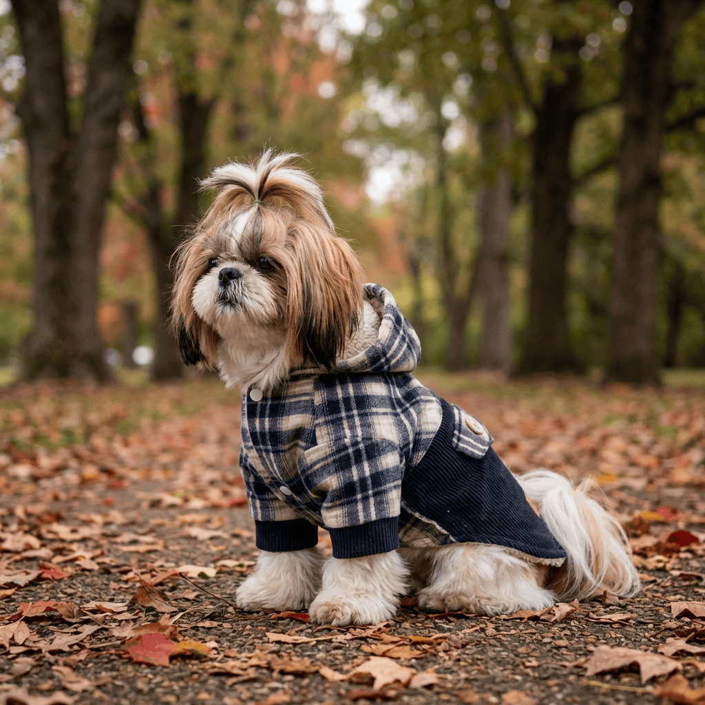 Teddy Plaid Dog Cashmere Coat on a Shih Tzu in a park, features slip-on design, breathable fabric, perfect for dogs.