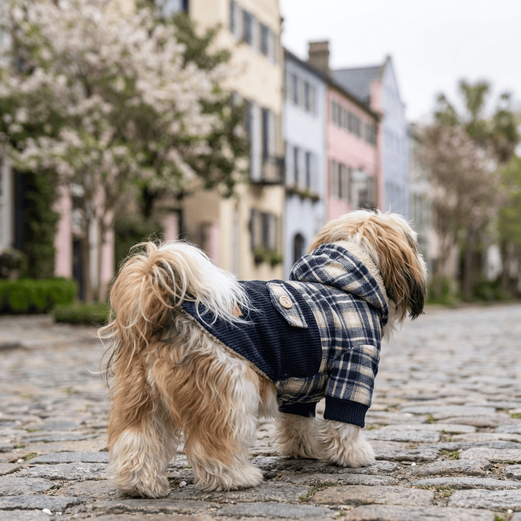 Teddy Plaid Dog Cashmere Coat on a dog, featuring breathable design, perfect for dogs and cats by Dogs & Cats brand.