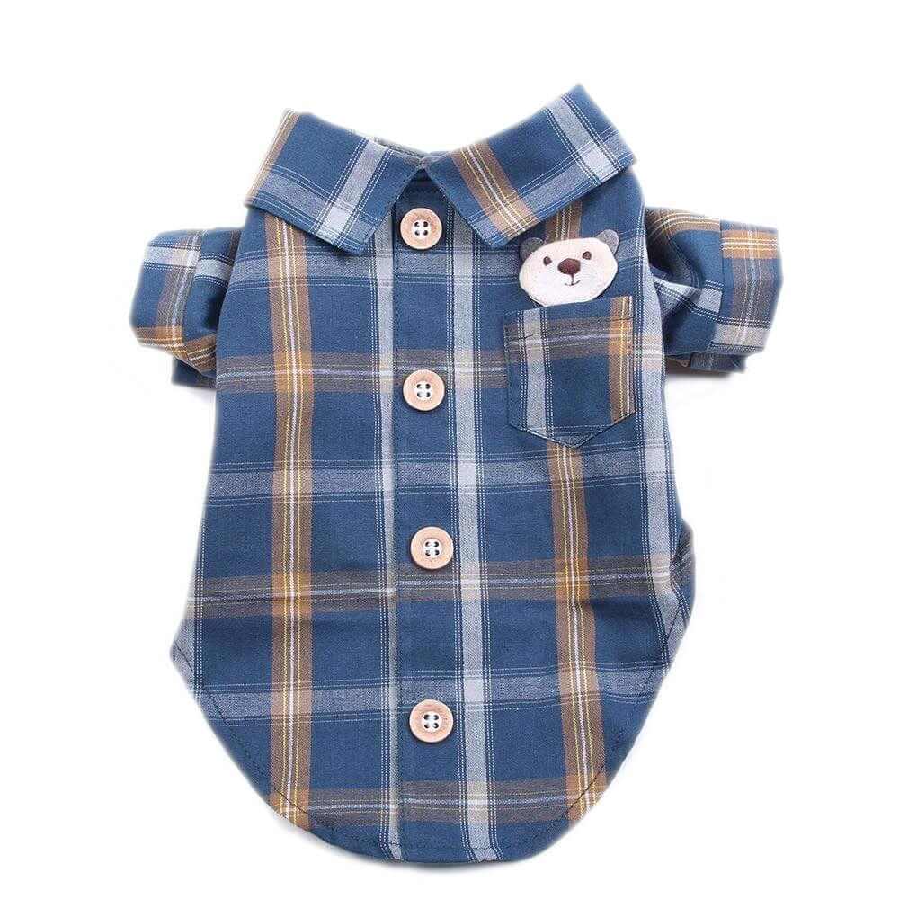 Teddy Plaid Dog Shirt for dogs featuring soft cotton, button front, and bear pocket detail by Dogs & Cats.