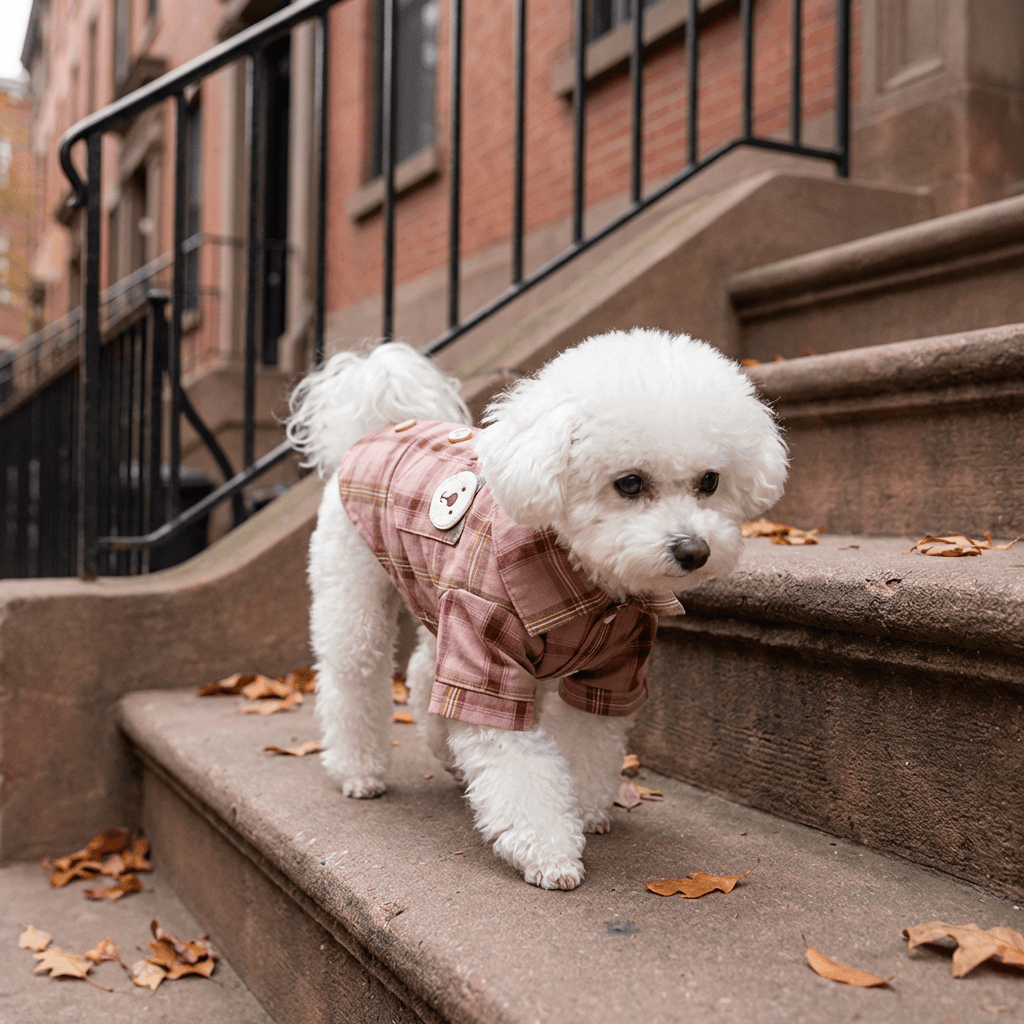 Teddy Plaid Dog Shirt on a fluffy white dog walking down steps, featuring lightweight cotton fabric and a faux back placket.