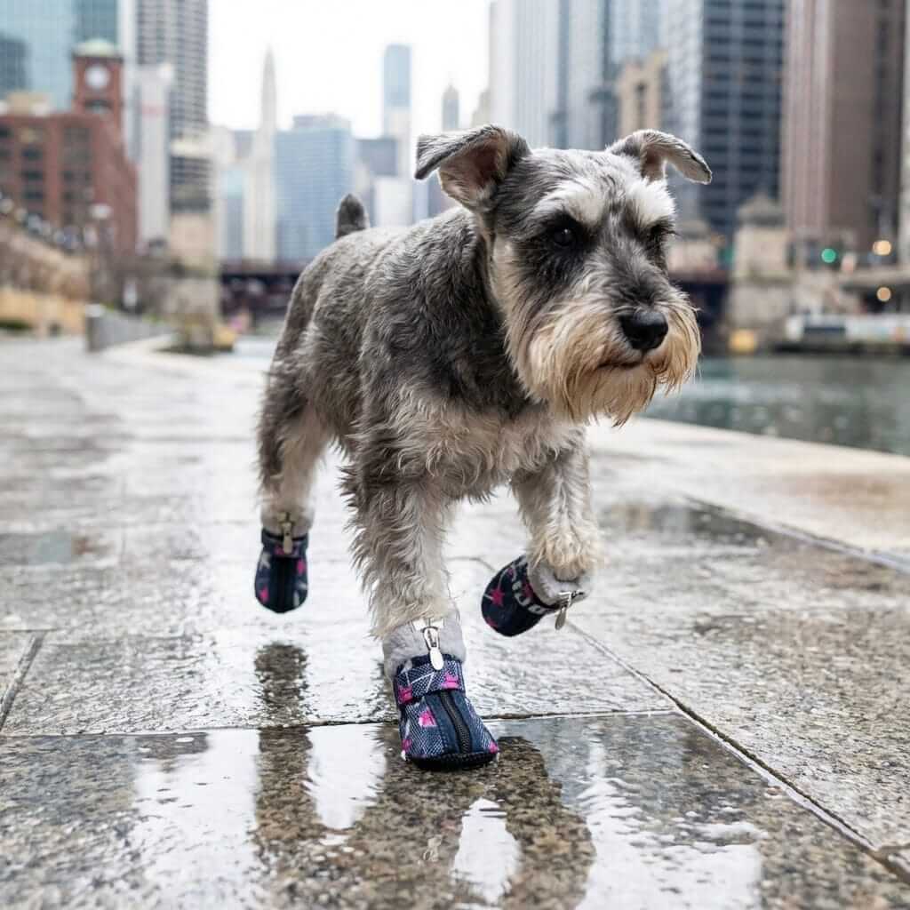 Teddy VIP Denim Dog Shoes on a dog walking in the city, showcasing durable, water-resistant design for dogs and cats.