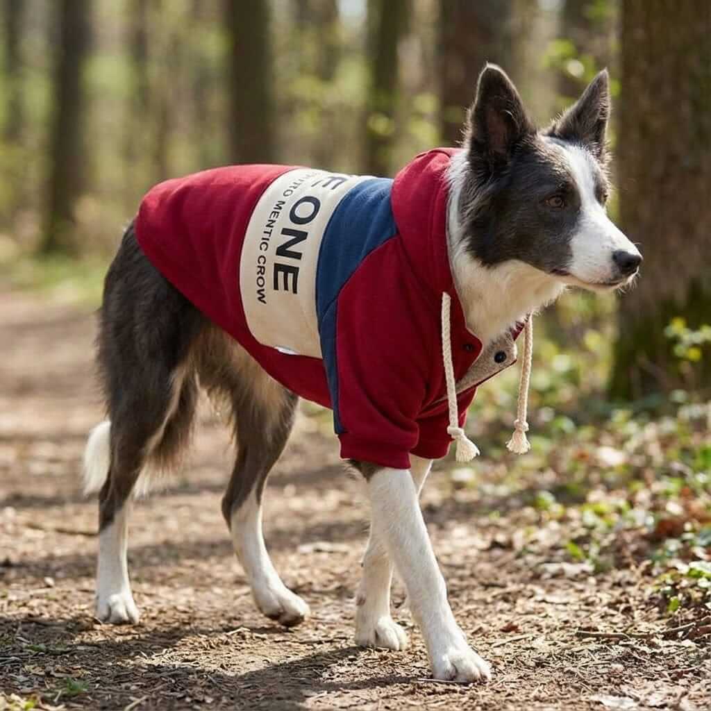 The One Teddy Dog Sweater worn by a dog in the forest showcasing its stylish and comfortable design.