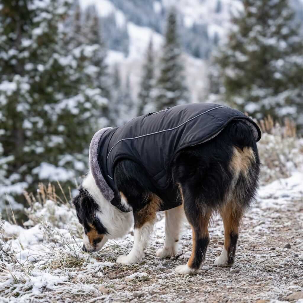 Thick Padded Reflective Dog Coat on a dog in snow, featuring reflective panels, by Dogs & Cats.