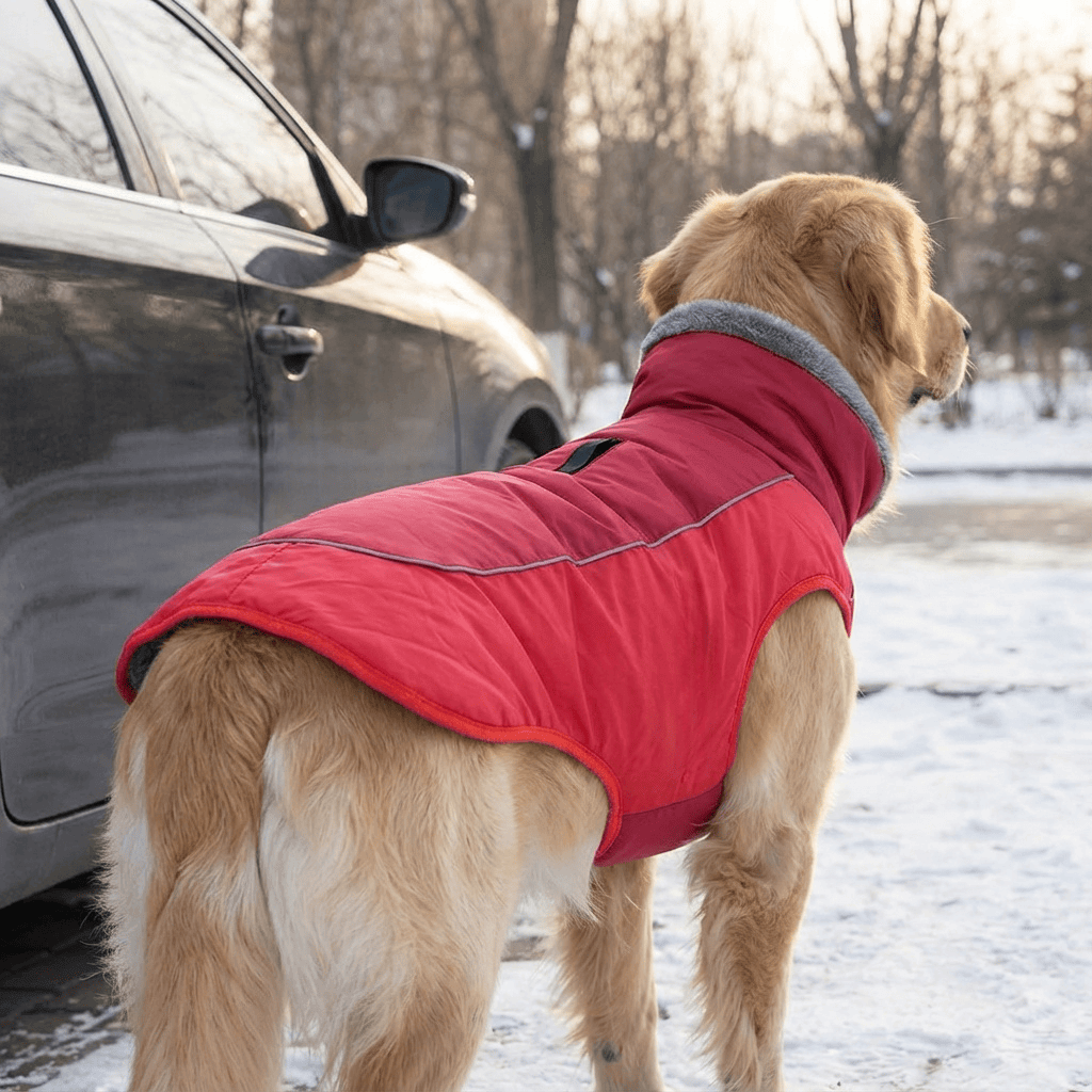 A golden retriever wearing a Thick Padded Reflective Dog Coat, showcasing its red water-repellent features and reflective panels.