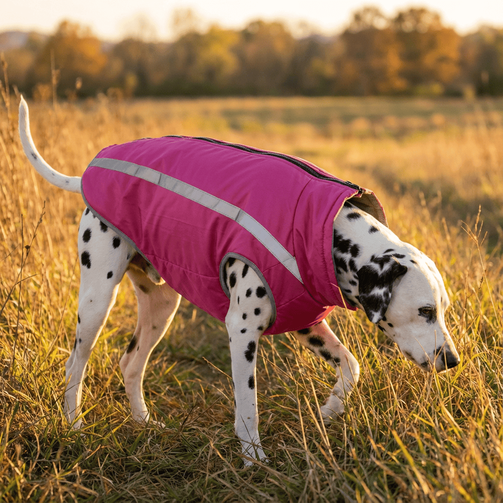 Thick Reversible Pet Jacket on a Dalmatian dog, featuring warm filling and waterproof shell for chilly weather.