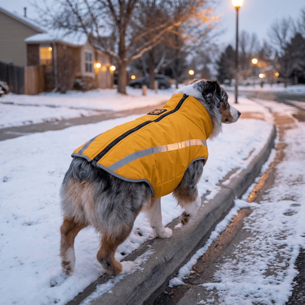 Dog wearing a Thick Reversible Pet Jacket, a warm, waterproof pet coat perfect for winter walks in the snow.