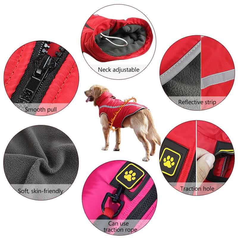 Thick Reversible Pet Jacket features: adjustable neck, reflective strip, soft material, traction hole for dogs and cats.