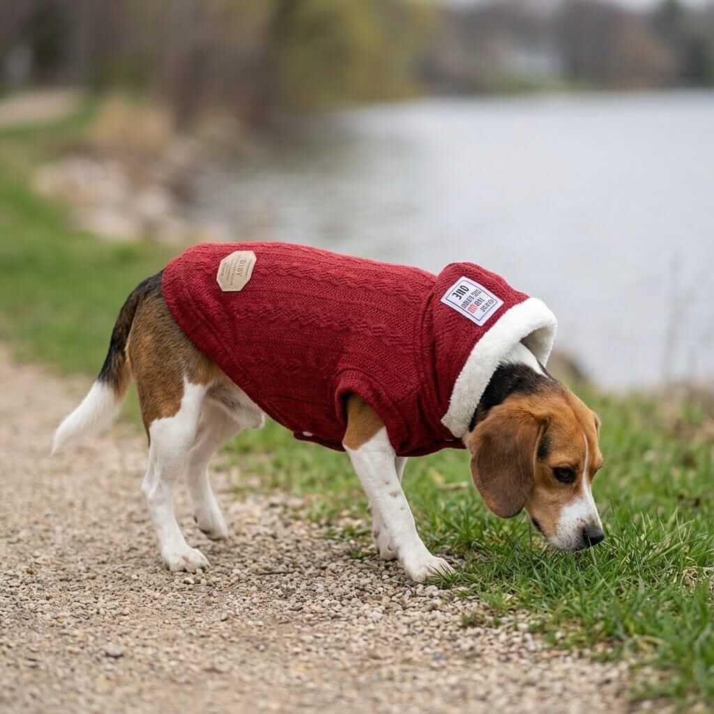 Thick Warm Hooded Dog Sweater for Dogs & Cats, features breathable hood, cozy fit for outdoor adventures.