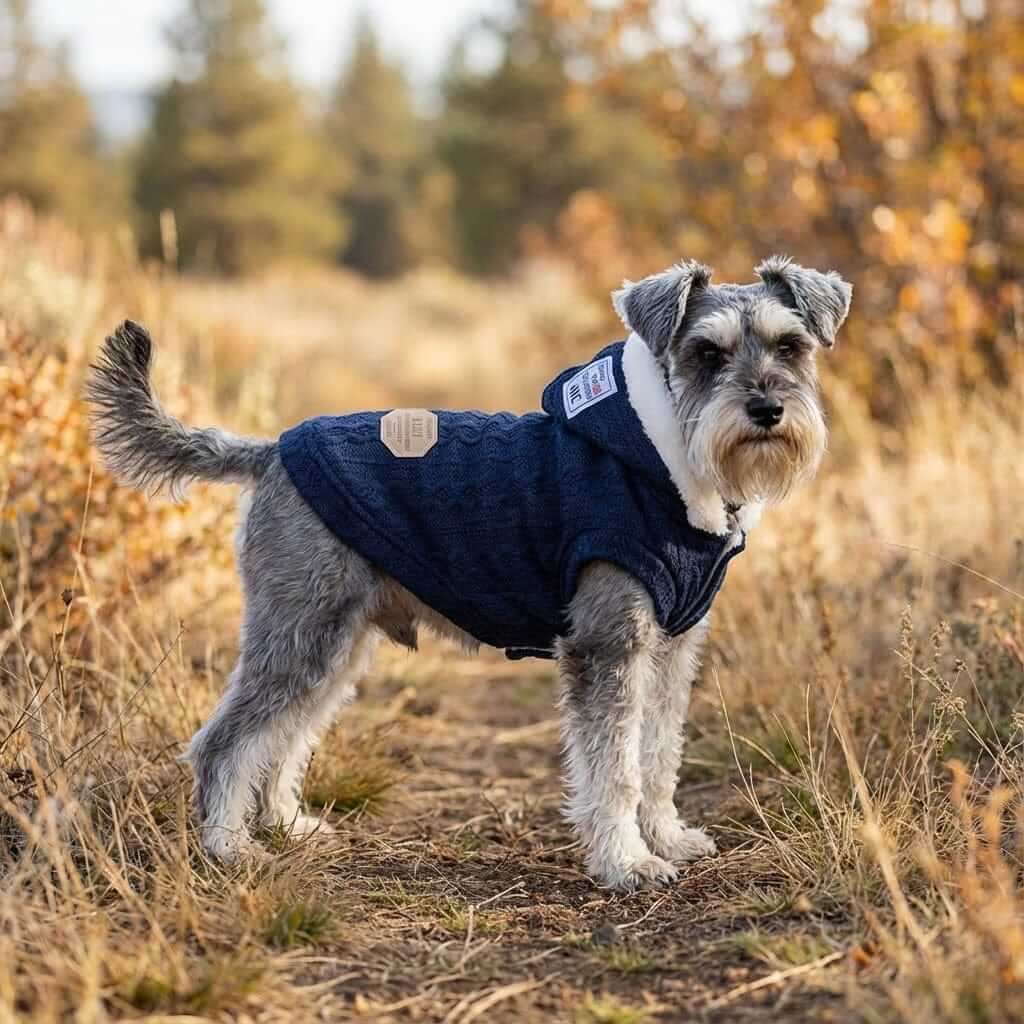 Thick Warm Hooded Dog Sweater on a dog outdoors, showcasing the breathable hooded design for comfort in chilly weather.