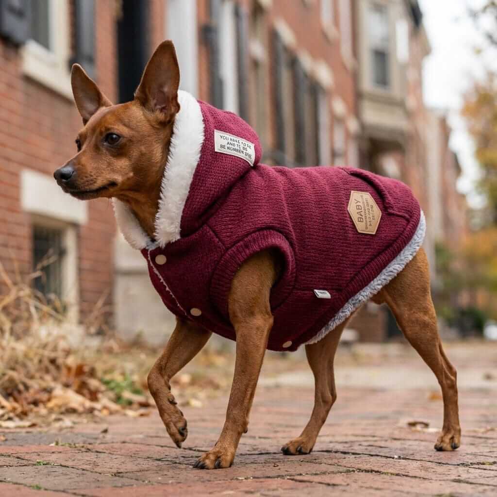 Thick Warm Hooded Dog Sweater on a dog, comfy fit, featuring a cozy hood, perfect for dogs and cats.