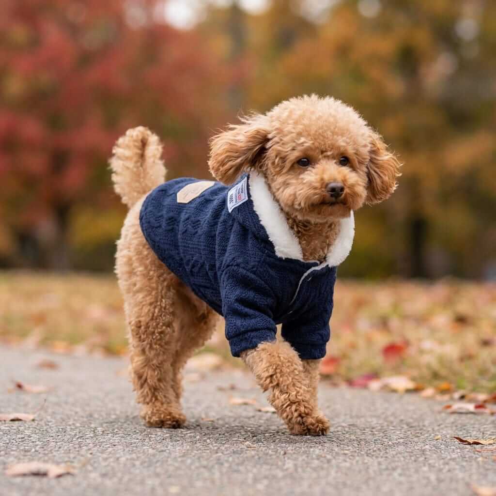 Thick Warm Hooded Dog Sweater on a playful poodle, showcasing its cozy features for dogs and cats.