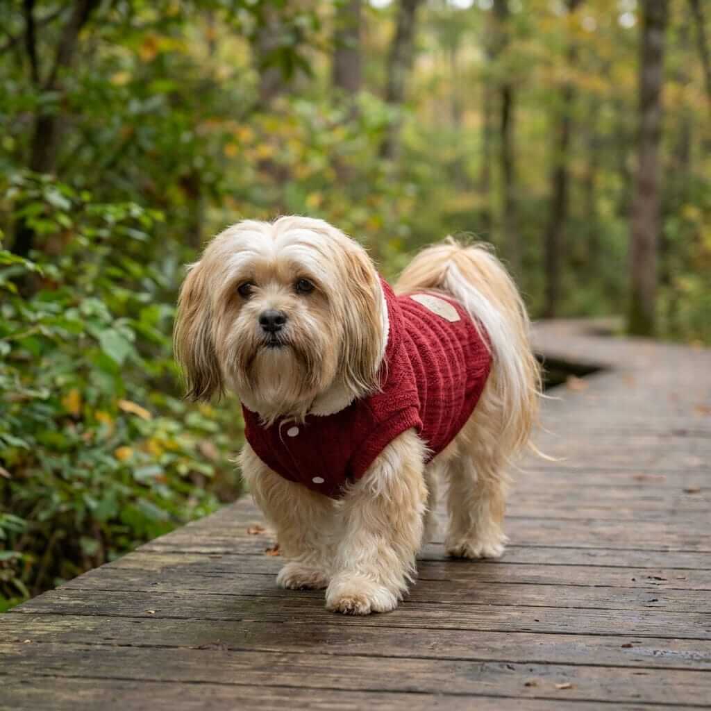 Thick Warm Hooded Dog Sweater on a small dog outdoors in a serene forest setting, perfect for Dogs & Cats.