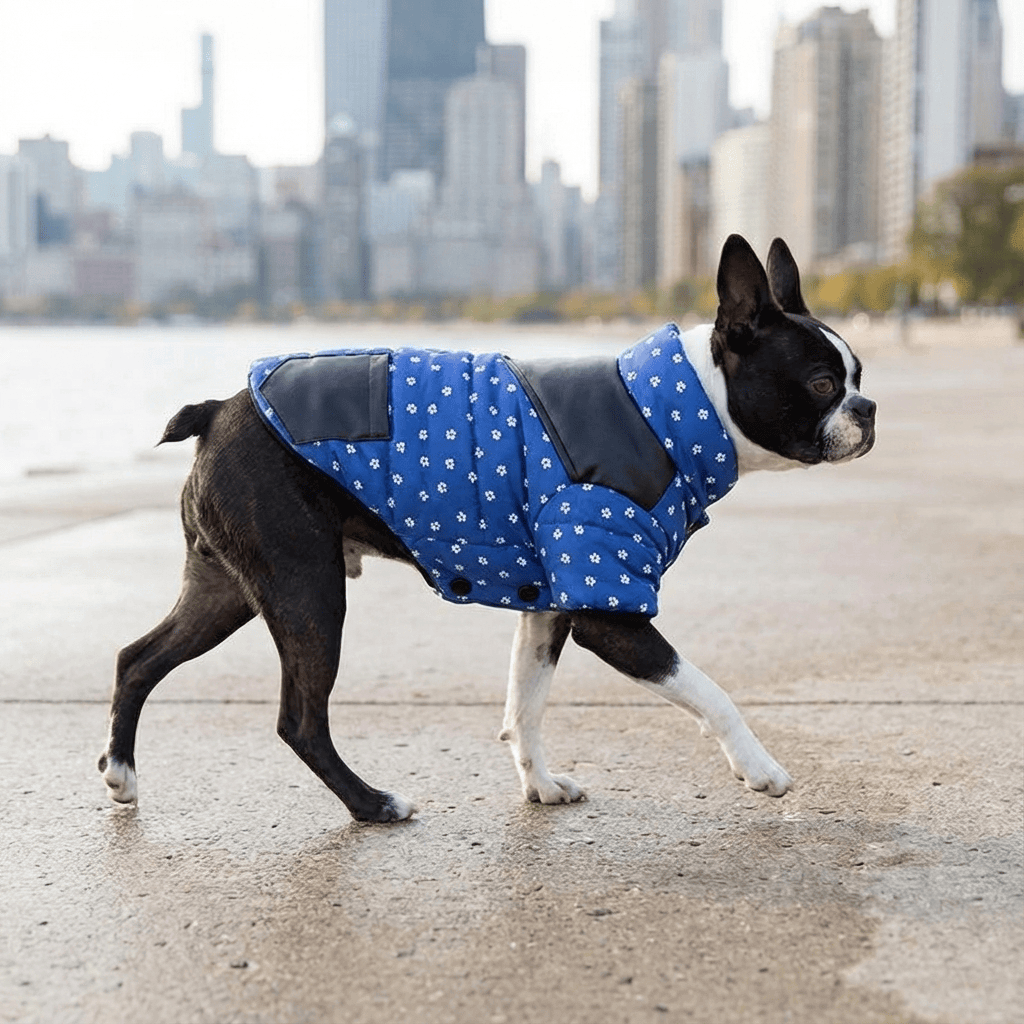 Thick Warm Padded Dog Winter Coat on a dog walking by the city, featuring padded design and comfortable feel by Dogs & Cats.