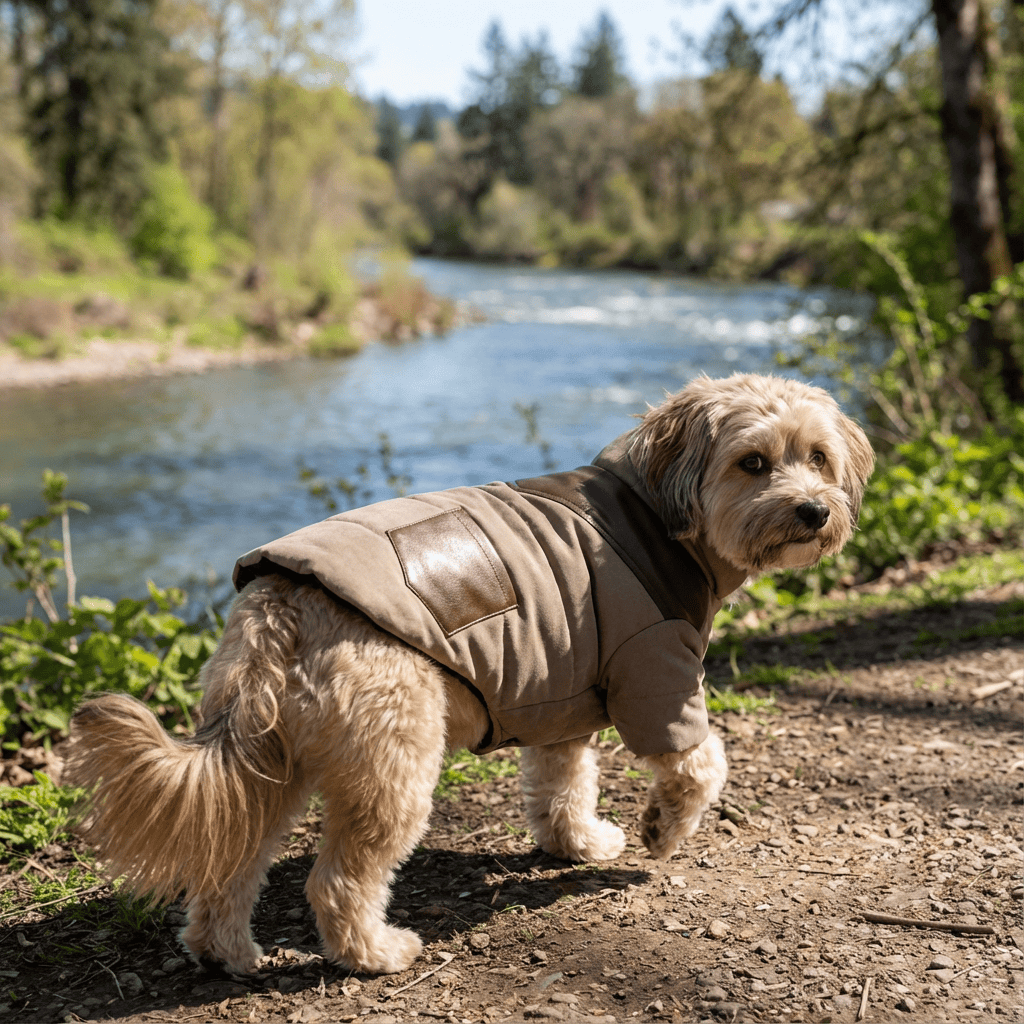 Thick Warm Padded Dog Winter Coat worn by a dog by the river, featuring padded design, short sleeves, and comfy fit from Dogs & Cats.