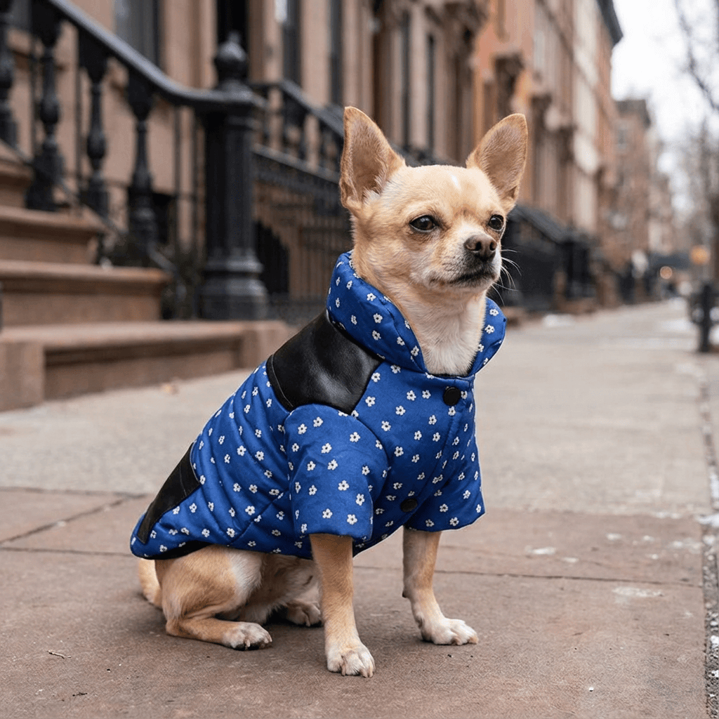 Thick Warm Padded Dog Winter Coat on a Chihuahua, featuring padded design, short sleeves, and comfortable feel.
