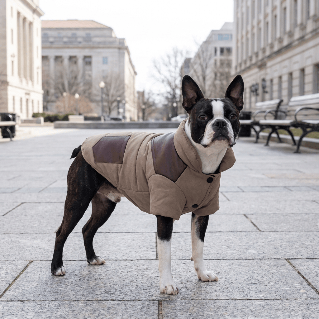 Thick Warm Padded Dog Winter Coat for Dogs & Cats featuring padded design, short sleeves, and leather stitching.
