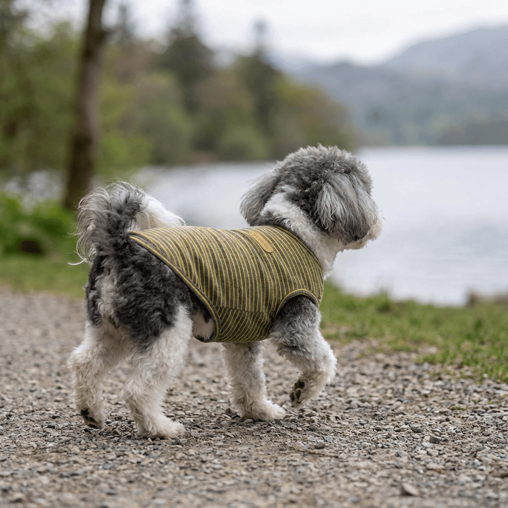 Thin Trend Striped Dog Top on a small dog by a lake, featuring breathable cotton and colorful stripes.