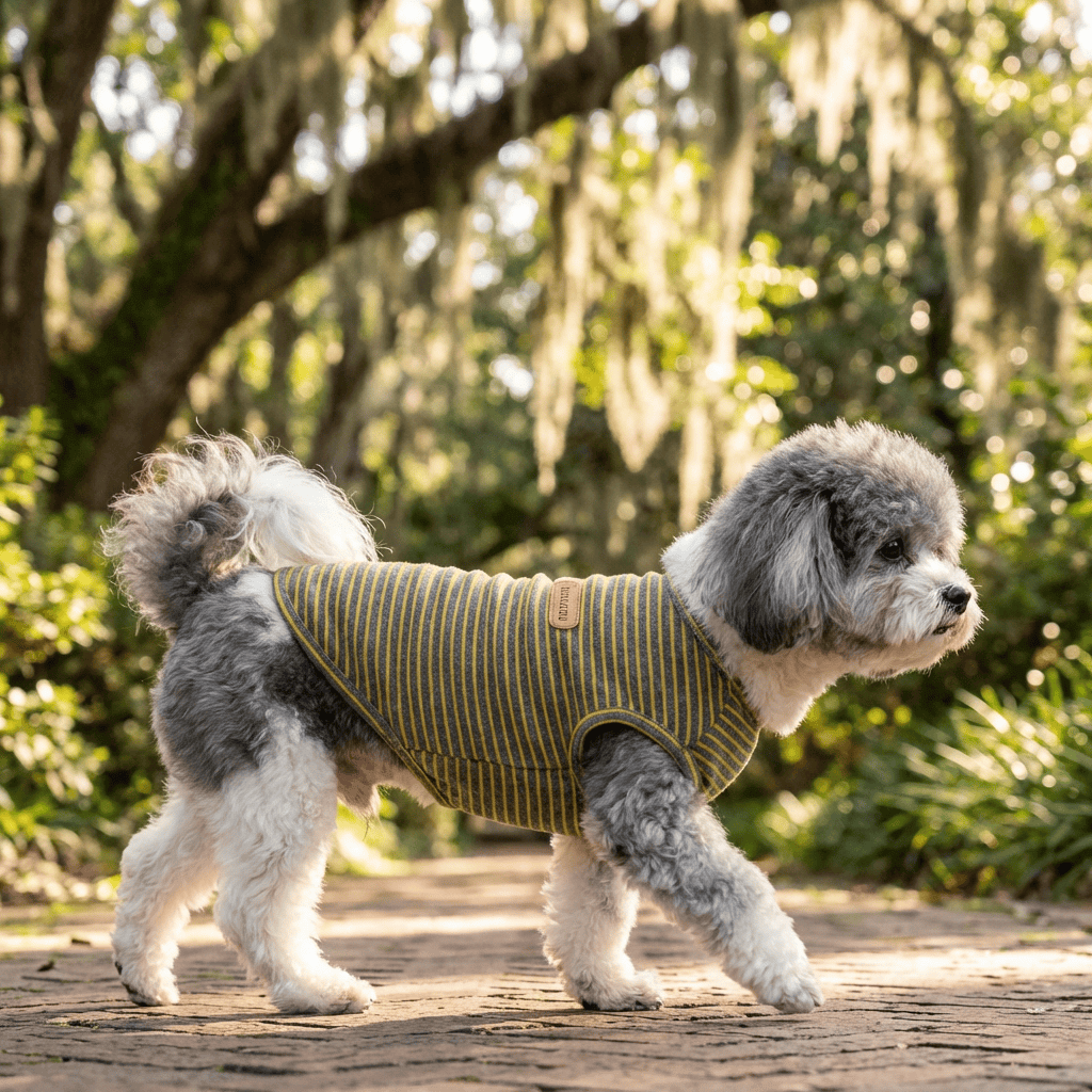 Dog wearing Thin Trend Striped Dog Top, featuring breathable cotton and colorful stripes, perfect for dogs and cats.