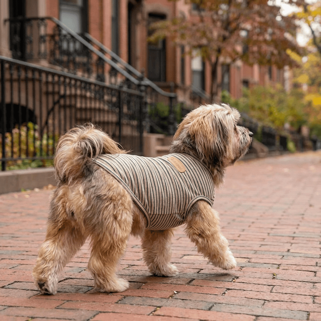 Thin Trend Striped Dog Top on a stylish dog walking in the city, featuring breathable cotton and lightweight design.